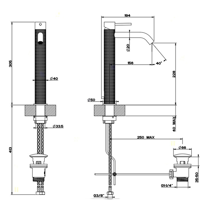 Смеситель однорычажный высокий с донным клапаном, Gessi Cesello, шлифованная сталь арт. 54403#239