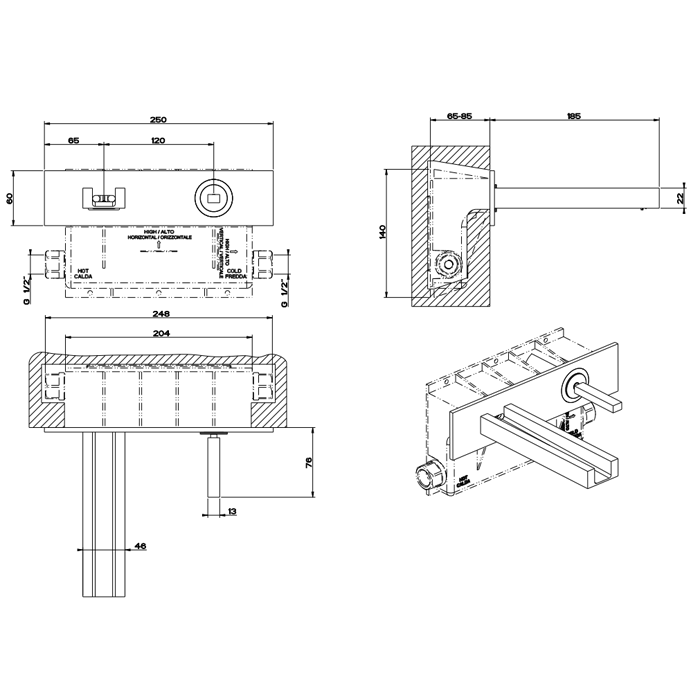 Встраиваемый смеситель для раковины, рукоятка "джойстик", излив 185мм, Gessi Rettangolo, хром арт. 30994#031