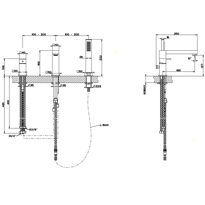 Смеситель для ванны на 3 отверстия, с переключателем, изливом 195мм и ручным душем, Gessi Rettangolo, хром арт. 20037#031