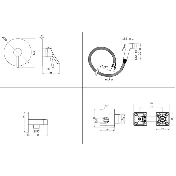 Гигиенический душ встраиваемый, керамический картридж, хром, Azario TASCO арт. AZ-15162121