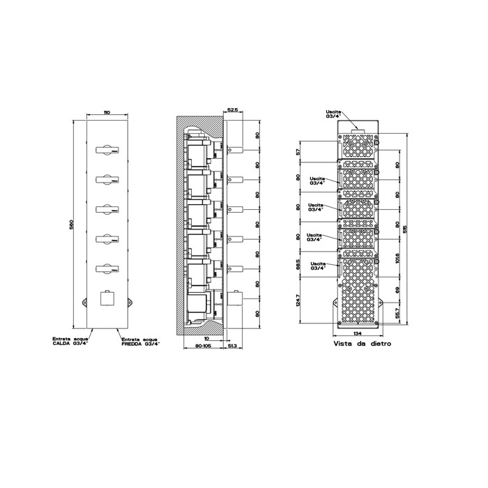 Смеситель для душа, встраиваемый, термостатический, подключение на 3/4”, с 5ю независимыми выходами, Gessi Rettangolo, black xl арт. 43030#299