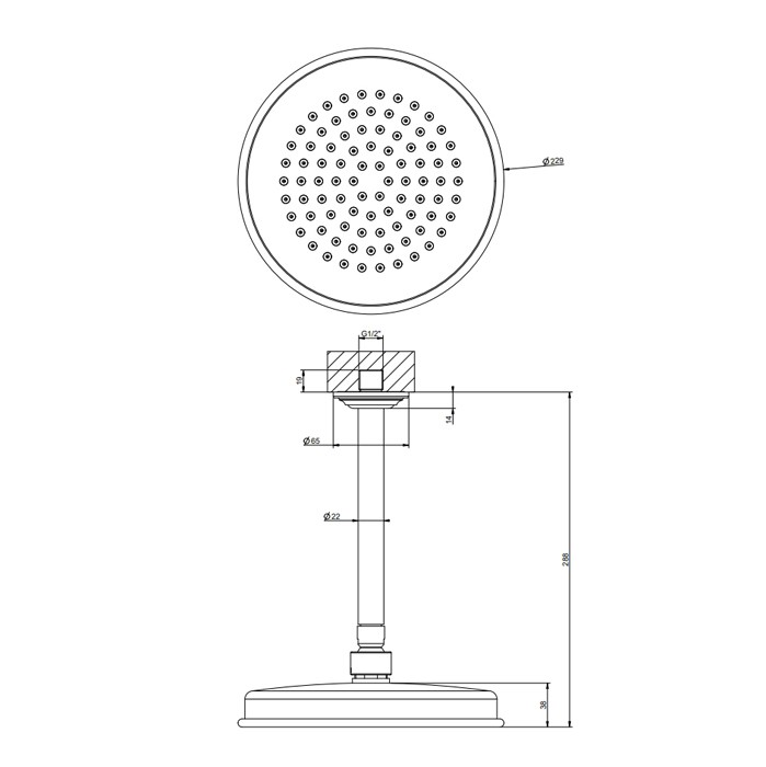 Верхний душ d200 мм., с потолочным держателем 288 мм., Gessi Venti20, хром арт. 65152#031