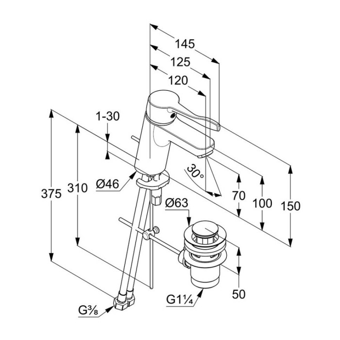 Однорычажный смеситель на умывальник 70, c донным клапаном, pure and easy Kludi, хром - 372840565
