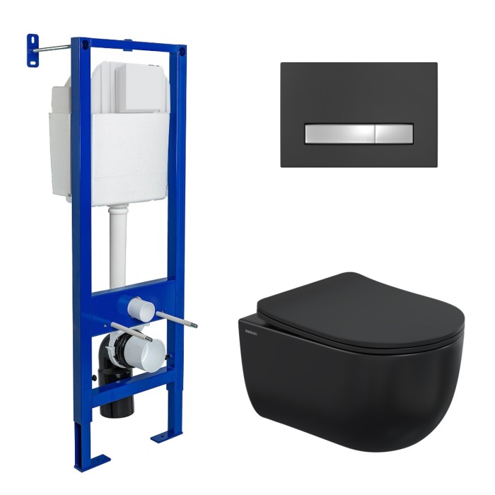 Комплект для монтажа подвесного унитаза Berges Atom Line, кнопка черный/хром, унитаз Ventas Black арт. 043325