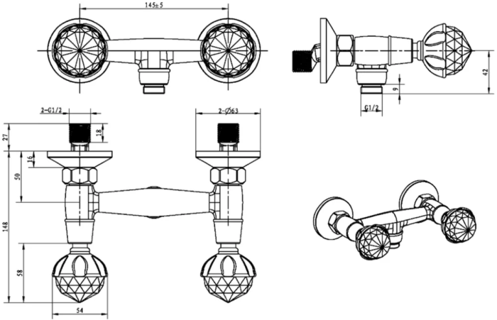 Смеситель для душа, золото, Imperiale Boheme 334