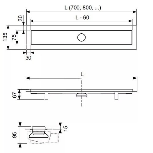 Комплект для монтажа душевого трапа 800мм с решеткой "straight", linus TECE арт. 15100089