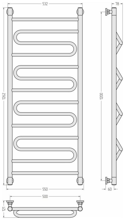 Сунержа Водяной полотенцесушитель 1200x500, Элегия+, 30-0205-1250 цвет: матовый белый