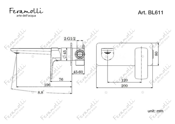 Смеситель для раковины встраиваемый, черный, Pura Feramolli - BL611
