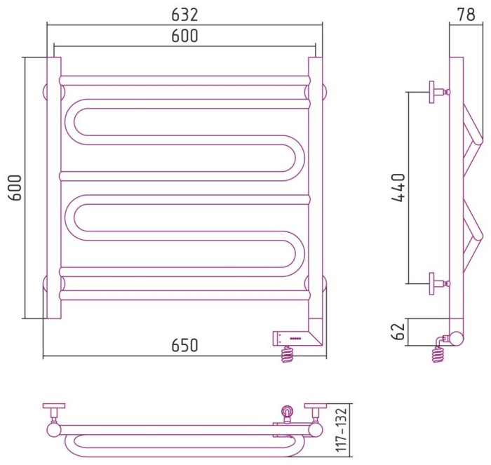 Сунержа Электрический полотенцесушитель 1000x300, Элегия 2.0, 00-5219-6060 цвет: без покрытия
