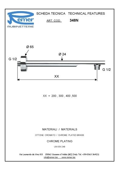 Кронштейн для верхнего душа 30 см хром глянцевый, Remer, скрытого монтажа 348N30