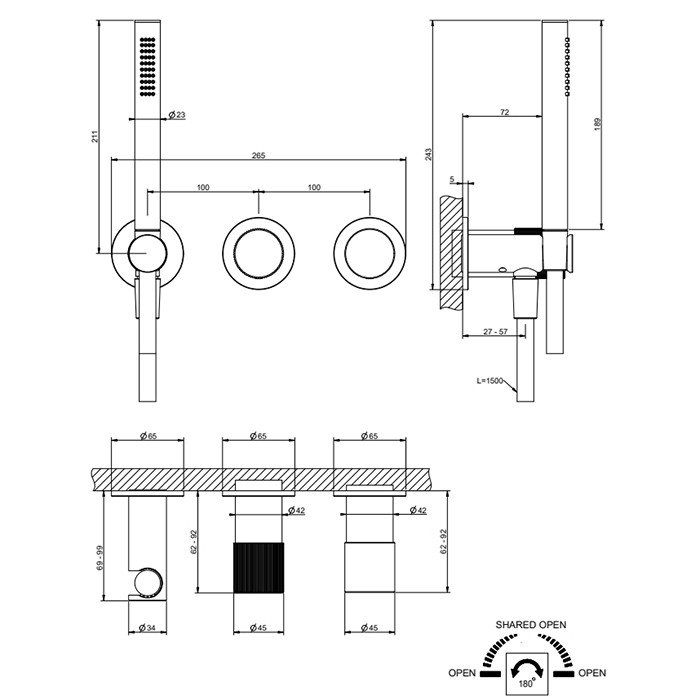 Смеситель для душа, настенный, с переключателем на 2 положения, с ручным душем, Gessi Habito Rigato, black metal pvd арт. 70538#706