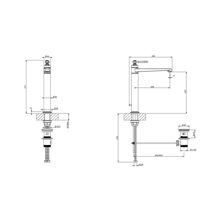 Смеситель для раковины на 1 отверстие, однорычажный, высокий, в комплекте с донным клапаном, Gessi Venti20, черный арт. 65003#299