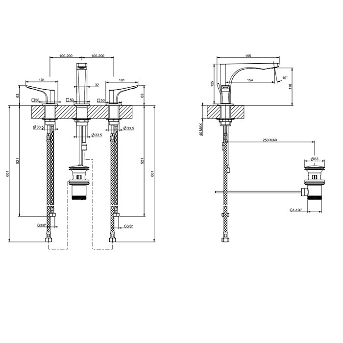 Смеситель для раковины на 3 отв. с донным клапаном h=125мм, излив 154мм, Gessi Rilievo, nero xl арт. 59011#299