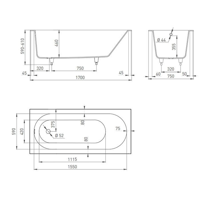 Ванна встраиваемая 170x75, матовая, Salini ORNELLA арт. 102321MRF