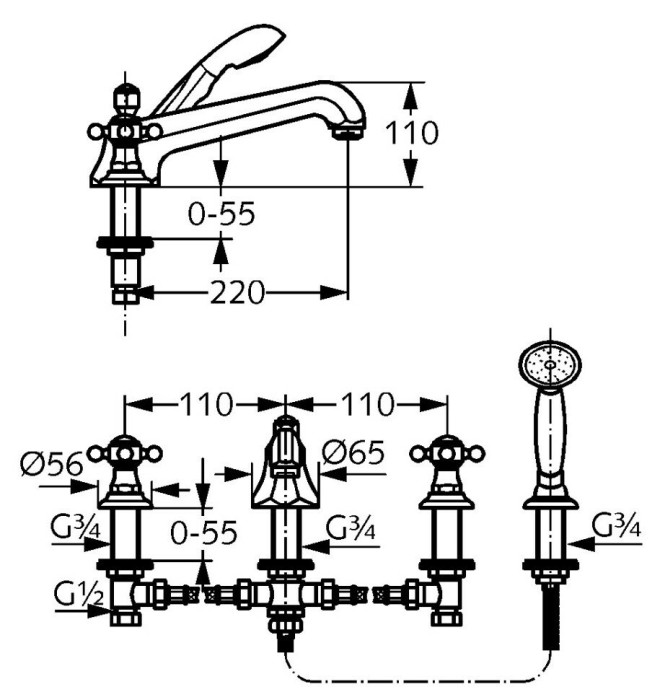 Смеситель для ванны и душа dn15 на 4 отверстия, 1926 Kludi, хром - 515250520