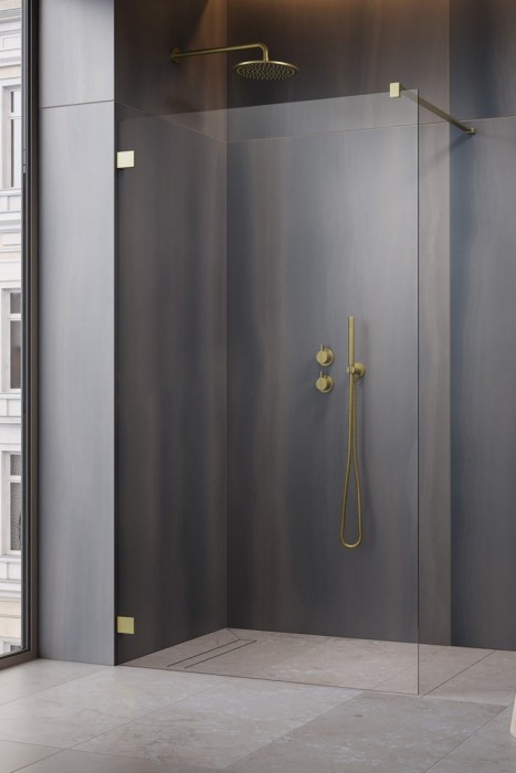 Душевая перегородка Radaway Essenza Pro 55х200см, стекло прозрачное 6мм, цвет профиля brushed gold арт. 10103055-99-01