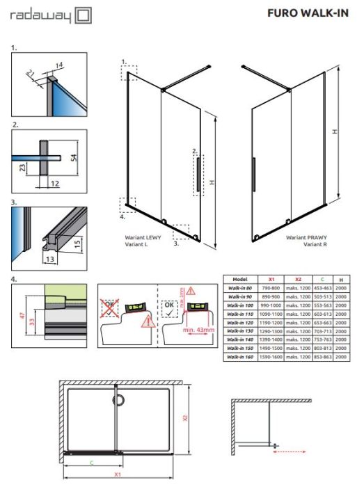 Душевая перегородка Radaway Furo Walk-in 120х200см, раздвижная, стекло прозрачное 8мм, профиль хром
