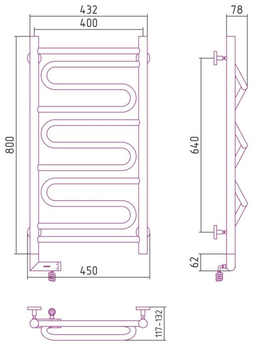 Сунержа Электрический полотенцесушитель 1000x300, Элегия 2.0, 00-5218-8040 цвет: без покрытия