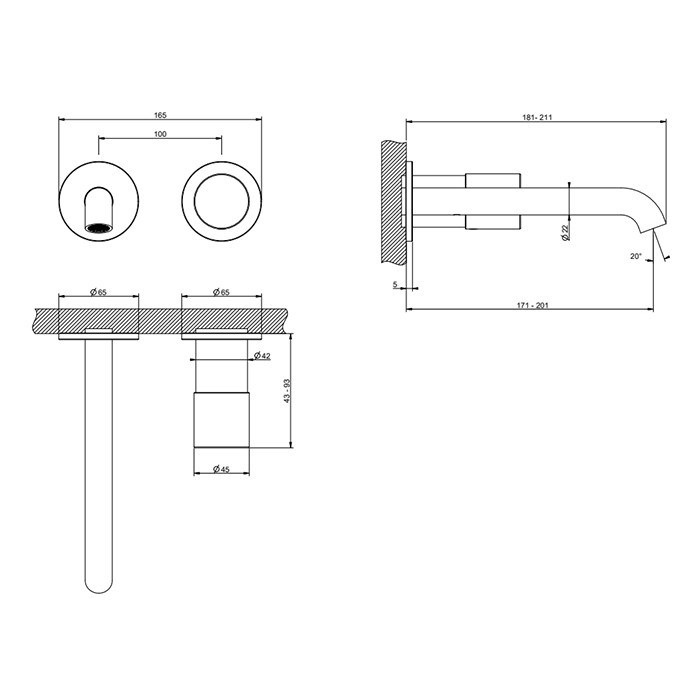 Смеситель для раковины, настенный, Gessi Habito Unito, black metal pvd арт. 70088#706