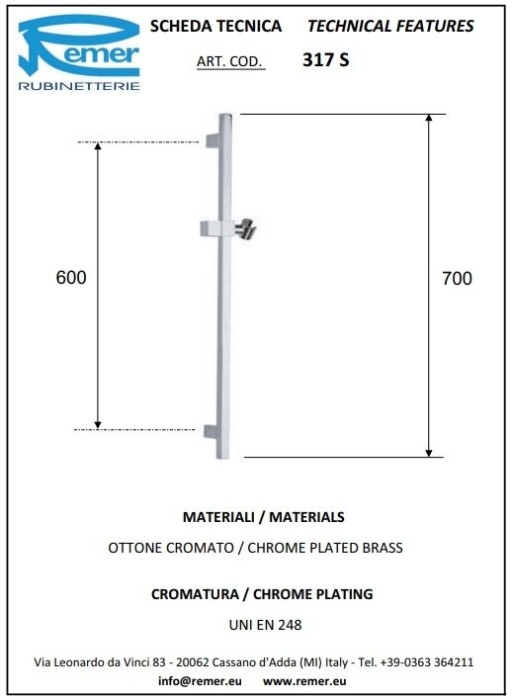 Душевая стойка 70 см никель матовый, Remer, внешнего монтажа 317SNPO