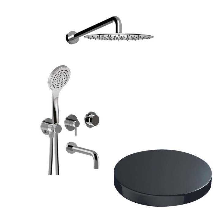 Bстраиваемый душевой комплект на 3 режима, однорычажный, с поворотным переключателем, ручной душ, излив, кронштейн, верхний душ d25 см, Giulini My ring, хром черный глянц арт. MR0093EPCRN