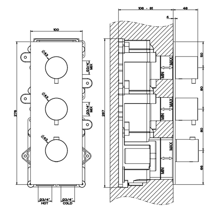 Встраиваемый термостатический смеситель на 2 источника, резьба 3/4", Gessi 316, steel brushed арт. 54514#239