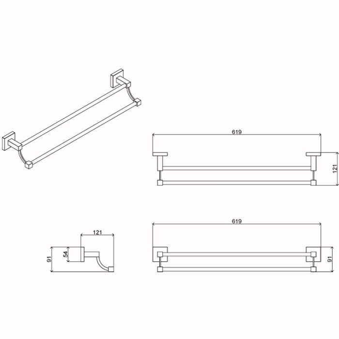 Полотенцедержатель трубчатый двойной, хром, Azario Rina - AZ-87002