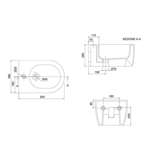 Подвесное биде с одним отверстием цвет черный матовый с антибактериальным и грязеотталкивающим покрытием BIOKER, Scarabeo Moon - 5521 49 BK