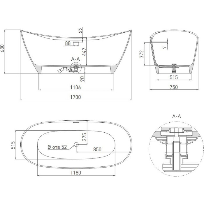 Ванна отдельностоящая 170x75, матовая, Salini NOEMI арт. 101722MRF