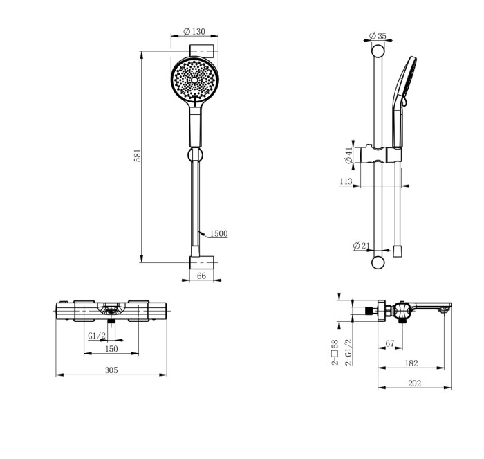 Смеситель для ванны с душевым гарнитуром и термостатом, Wonzon & Woghand Solid, WW-C2011-A-BGG цвет: графит
