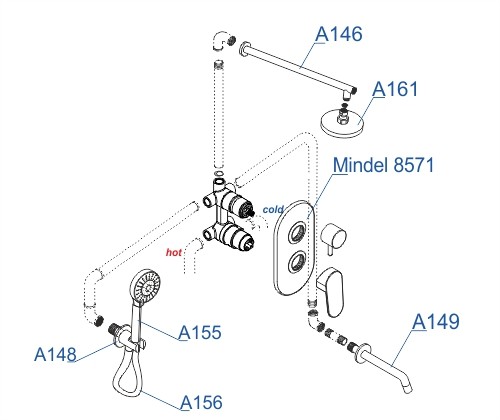 Встраиваемый комлплект для ванны с верхней душевой насадкой, лейкой и изливом Mindel 8500 WasserKRAFT арт. A85161