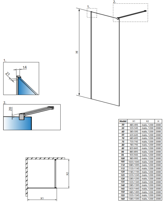 Душевая перегородка Radaway Modo New II 55х200см, стекло прозрачное 8мм, цвет профиля brushed gold арт. 389055-99-01