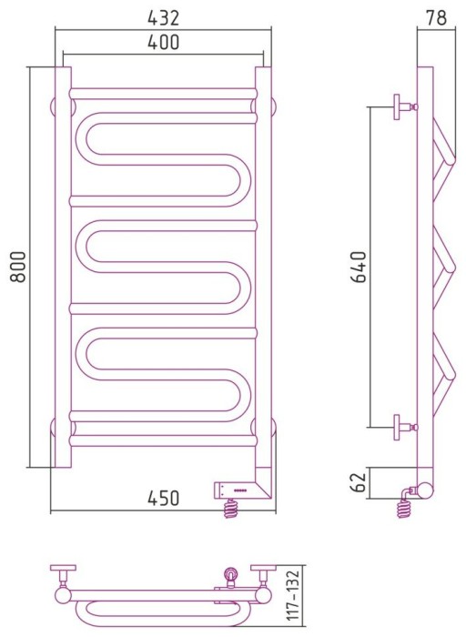 Сунержа Электрический полотенцесушитель 1000x300, Элегия 2.0, 00-5219-8040 цвет: без покрытия
