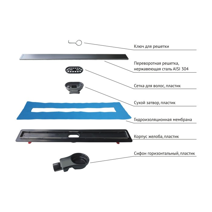 Душевой лоток Optim Line 600, решетка нержавеющая сталь, хром глянец, S-сифон D50 H60 горизонтальный, BERGES арт. 090506