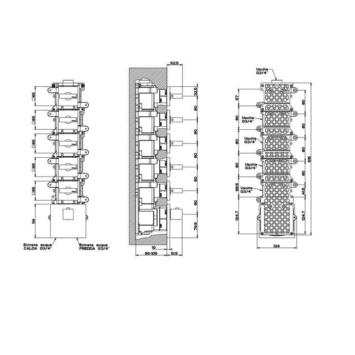 Смеситель для душа, встраиваемый, термостатический, подключение на 3/4”, с 5ю независимыми выходами, Gessi Rettangolo, black xl арт. 43220#299