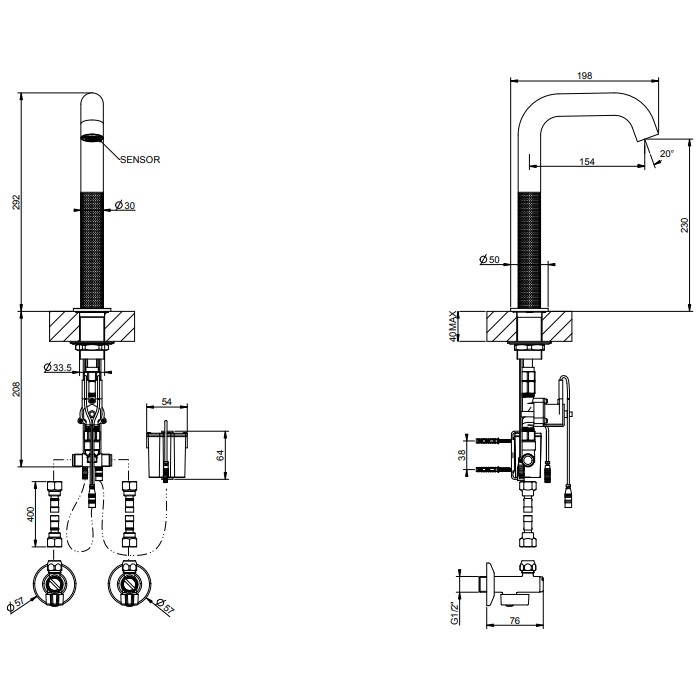 Смеситель для раковины, 1 отв., электронный, с кран-фильтром для регулировки температуры и напора воды, Gessi 316, steel brushed арт. 54480#239