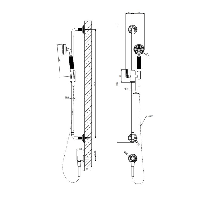 Душевой гарнитур с ручным душем, шлангом 1500 мм. и подводом воды, Gessi Venti20, черный матовый арт. 65142#299
