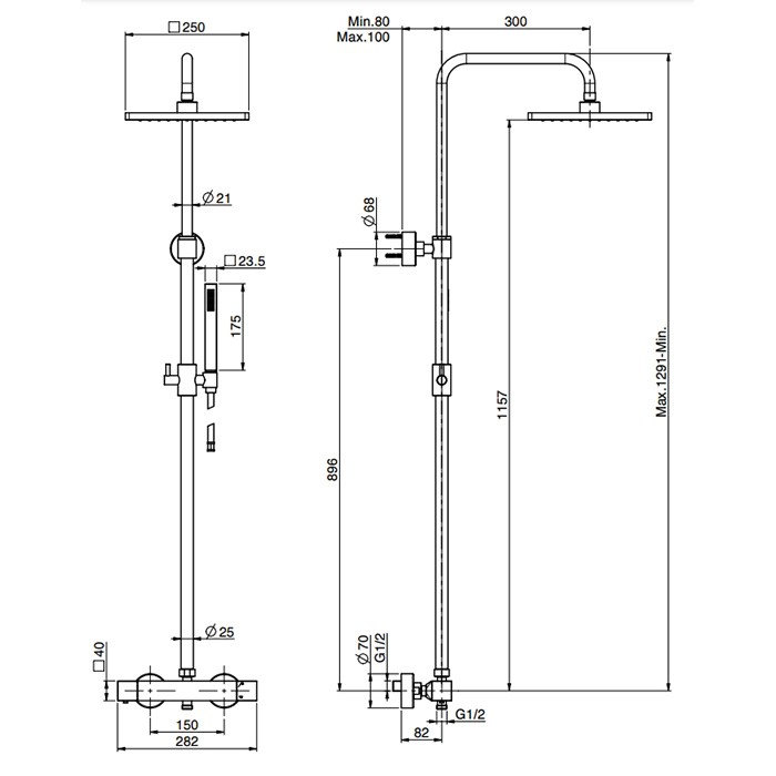 Fima Carlo Frattini Душевая стойка, верхний душ 25х25см., с термостатическим смесителем, держателем и ручным душем, Colonne doccia, F4255/Q255NS цвет: чёрный