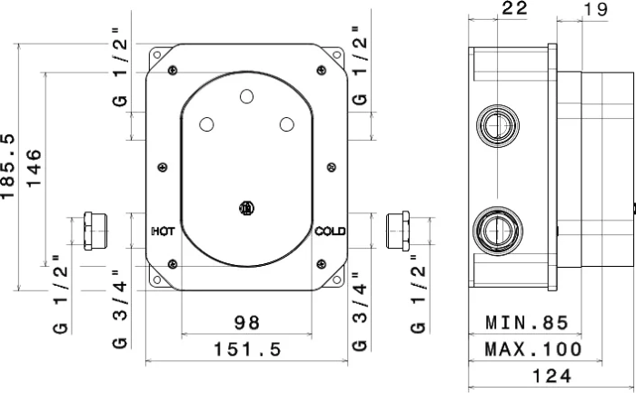 Внутренняя часть для термостатического кнопочного смесителя на два потока для душа, Eterna Kerama Marazzi, черный - 27751KM.00.000