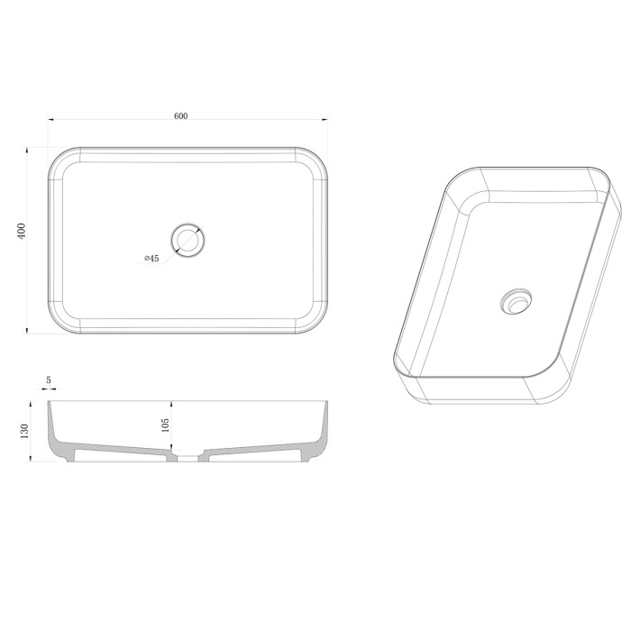 Раковина 600x400x130 накладная из искусственного камня, белая, Azario FRETTA ROUND - AZ-1358S