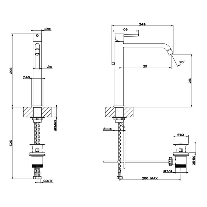 Смеситель для раковины, на 1 отв, высокий с длинным изливом, с донным клапаном, Gessi Emporio Via tortona, finox brushed nickel арт. 18605#149