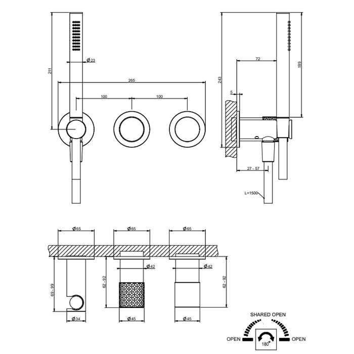 Смеситель для душа, настенный, с переключателем на 2 положения, с ручным душем, Gessi Habito Intreccio, black metal pvd арт. 70138#706